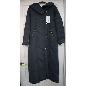Cole Haan 351SD352 Women's Sz S Gray Hooded Chevron Down Puffer Coat